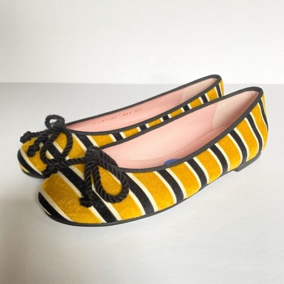NEW Pretty Ballerinas Striped Yellow Black Round toe Velvet Ballet  Flats 37.5 - Picture 3 of 9
